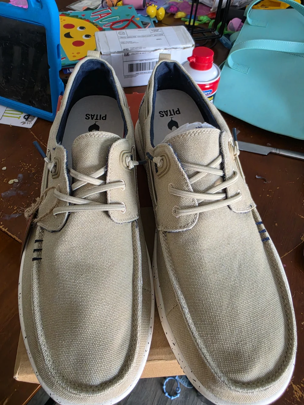 PITAS Byron Men's Boat Shoes Beige Canvas Lace Up Round Toe US 11 EU 44